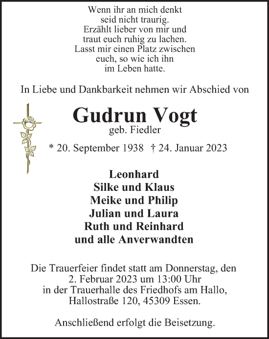 Traueranzeige von Gudrun Vogt von Tageszeitung