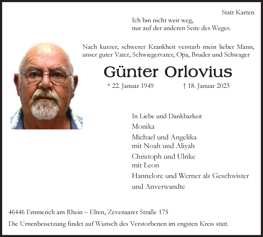  Traueranzeige für Günter Orlovius vom 28.01.2023 aus WVW Anzeigenblätter