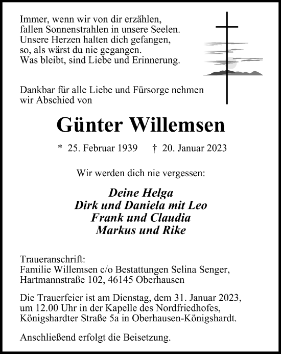 Traueranzeige von Günter Willemsen von WVW Anzeigenblätter