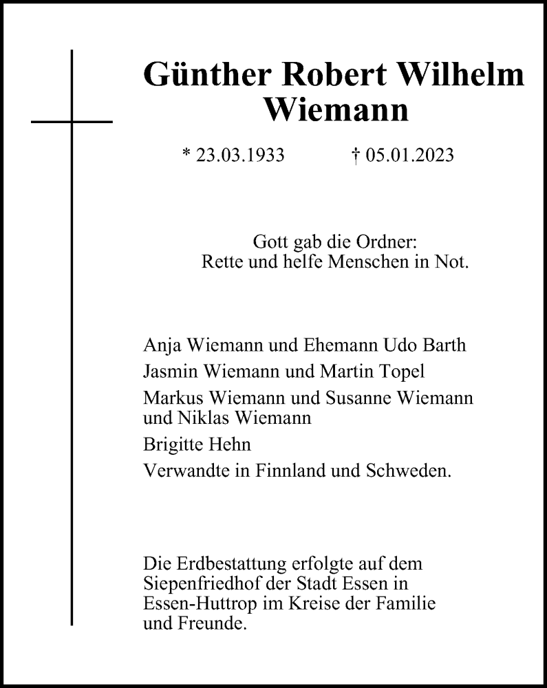  Traueranzeige für Günther Robert Wilhelm Wiemann vom 24.01.2023 aus Tageszeitung