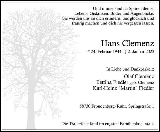 Traueranzeige von Hans Clemenz von WVW Anzeigenblätter