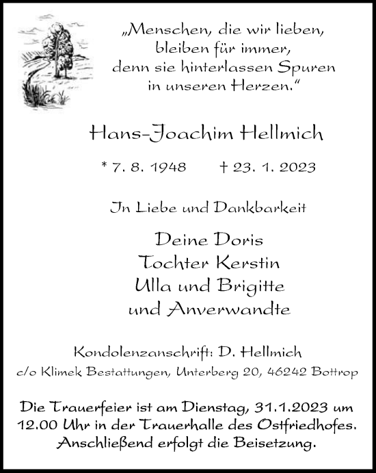 Traueranzeige von Hans-Joachim Hellmich von WVW Anzeigenblätter