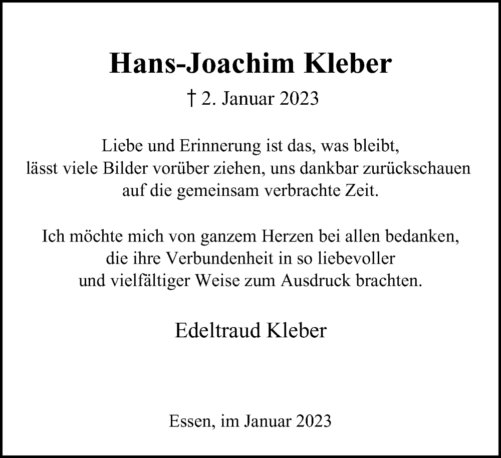  Traueranzeige für Hans-Joachim Kleber vom 21.01.2023 aus Tageszeitung
