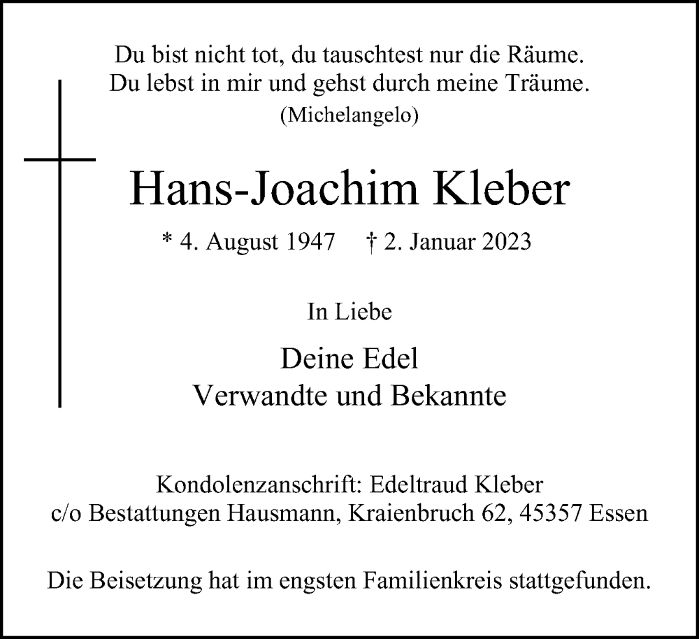  Traueranzeige für Hans-Joachim Kleber vom 14.01.2023 aus Tageszeitung