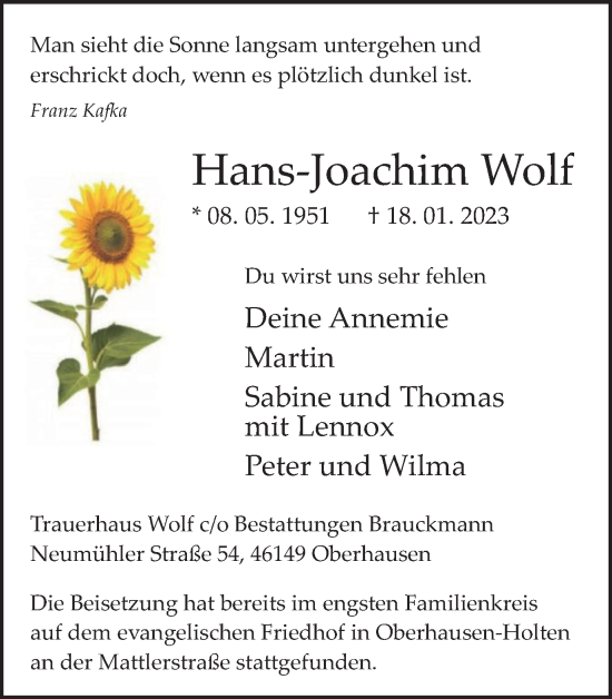 Traueranzeige von Hans-Joachim Wolf von WVW Anzeigenblätter