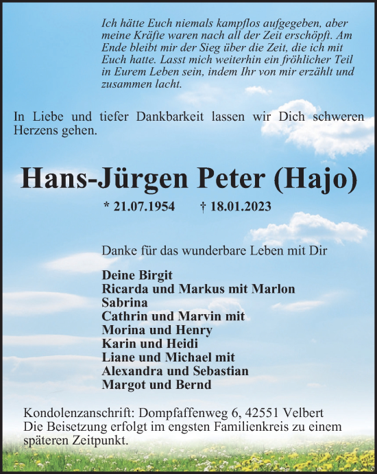 Traueranzeige von Hans-Jürgen Peter von WVW Anzeigenblätter