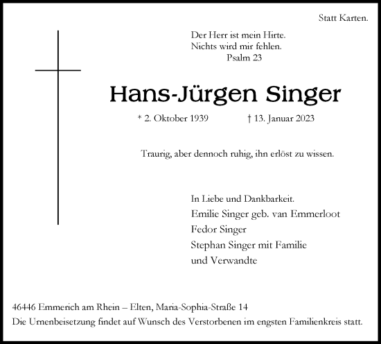 Traueranzeige von Hans-Jürgen Singer von WVW Anzeigenblätter