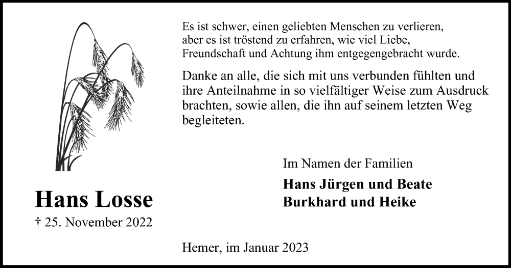  Traueranzeige für Hans Losse vom 21.01.2023 aus Tageszeitung
