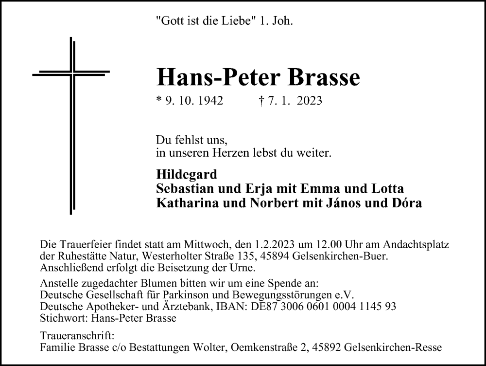  Traueranzeige für Hans-Peter Brasse vom 21.01.2023 aus Tageszeitung