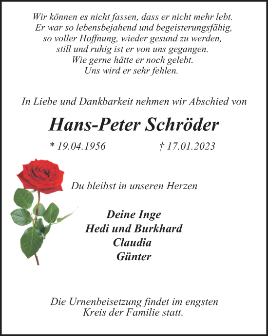 Traueranzeige von Hans-Peter Schröder von WVW Anzeigenblätter
