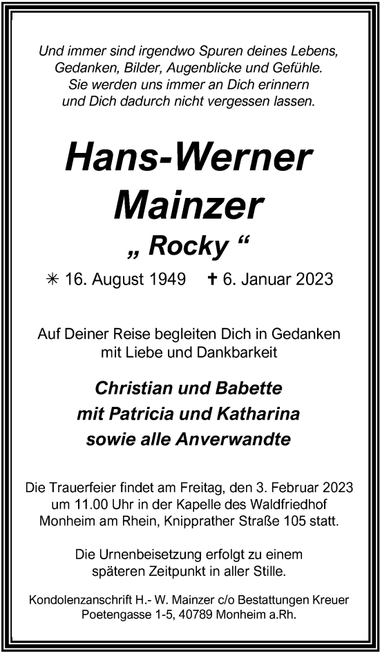 Traueranzeige von Hans-Werner Mainzer von WVW Anzeigenblätter
