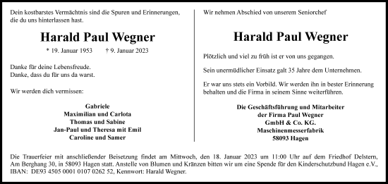 Traueranzeige von Harald Paul Wegner von Tageszeitung