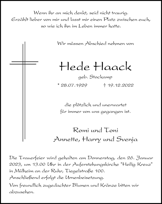Traueranzeige von Hede Haack von WVW Anzeigenblätter