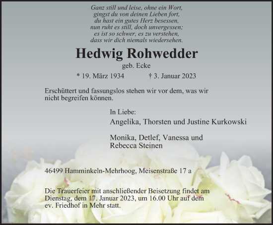 Traueranzeige von Hedwig Rohwedder von Tageszeitung