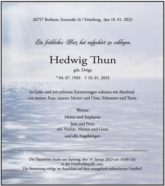 Traueranzeige von Hedwig Thun von Tageszeitung
