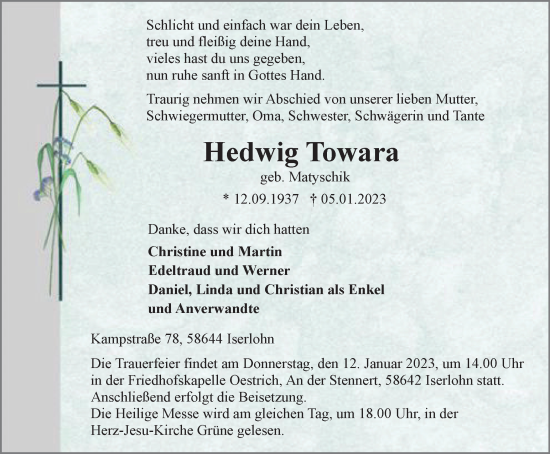 Traueranzeige von Hedwig Towara von Tageszeitung