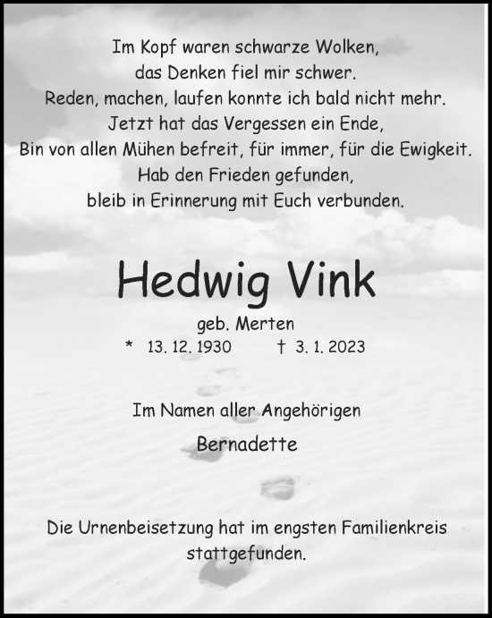 Traueranzeige von Hedwig Vink von WVW Anzeigenblätter