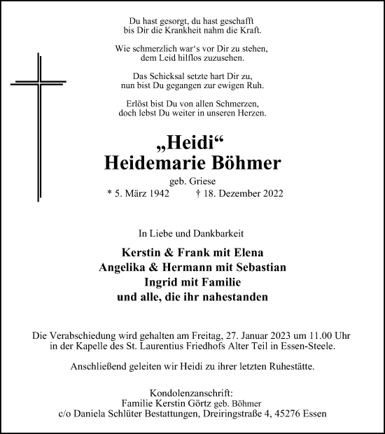 Traueranzeige von Heidemarie Böhmer von Tageszeitung