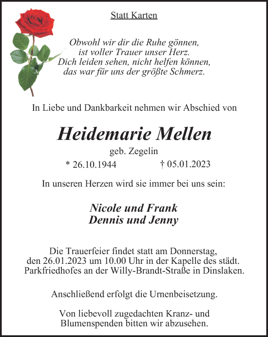 Traueranzeige von Heidemarie Mellen von Tageszeitung