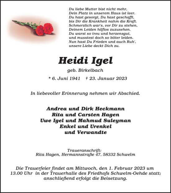 Traueranzeige von Heidi Igel von Tageszeitung