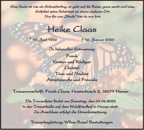 Traueranzeige von Heike Claas von WVW Anzeigenblätter