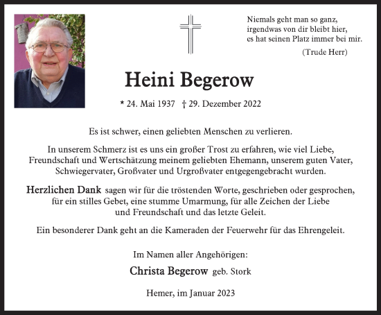 Traueranzeige von Heini Begerow von Tageszeitung