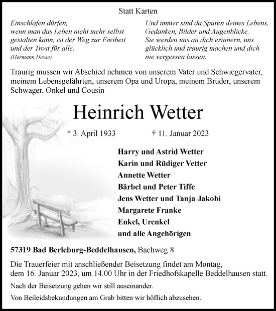 Traueranzeige von Heinrich Wetter von Tageszeitung