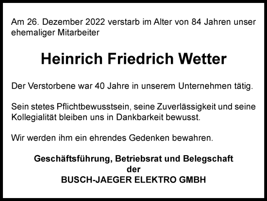 Traueranzeige von Heinrich Friedrich Wetter von Tageszeitung