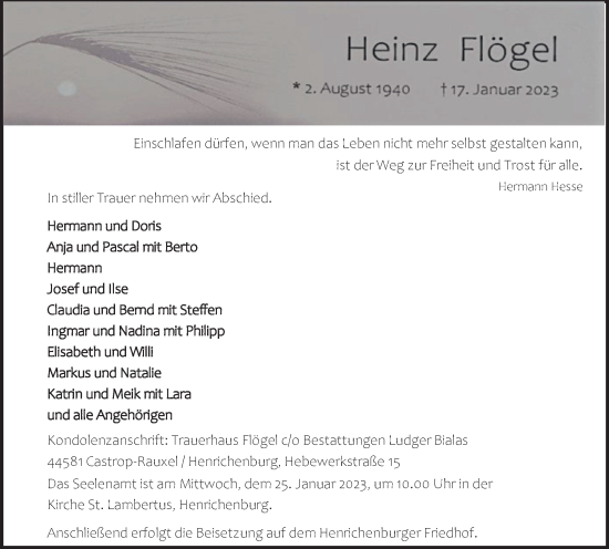 Traueranzeige von Heinz Flögel von Tageszeitung