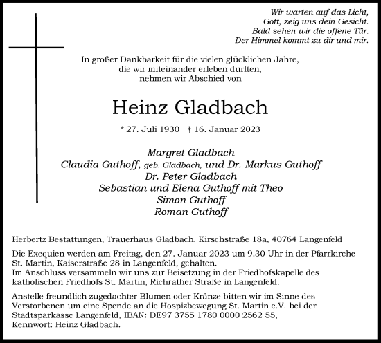 Traueranzeige von Heinz Gladbach von WVW Anzeigenblätter