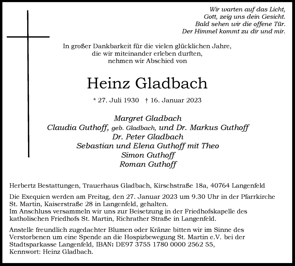  Traueranzeige für Heinz Gladbach vom 21.01.2023 aus WVW Anzeigenblätter
