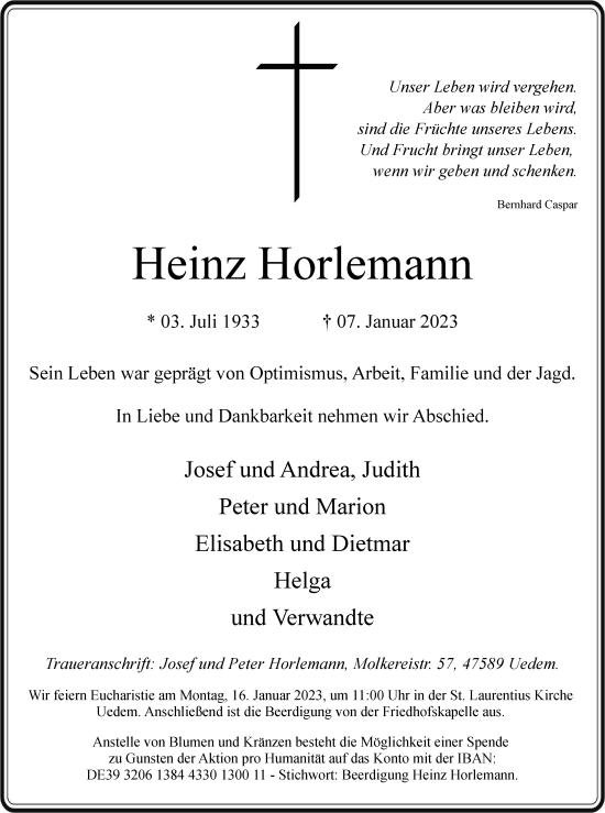 Traueranzeige von Heinz Horlemann von Tageszeitung
