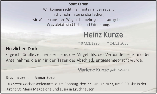 Traueranzeige von Heinz Kunze von Tageszeitung