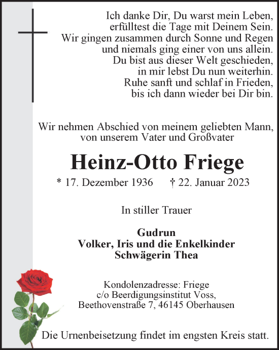 Traueranzeige von Heinz-Otto Friege von WVW Anzeigenblätter