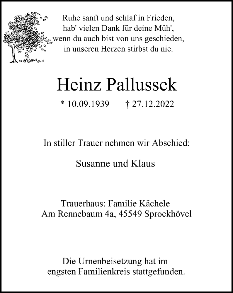  Traueranzeige für Heinz Pallussek vom 25.01.2023 aus Tageszeitung