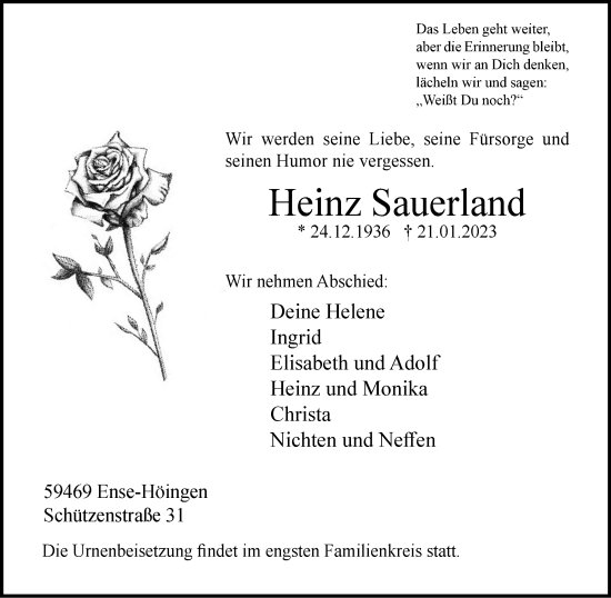 Traueranzeige von Heinz Sauerland von Tageszeitung