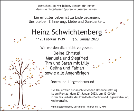 Traueranzeige von Heinz Schwichtenberg von WVW Anzeigenblätter