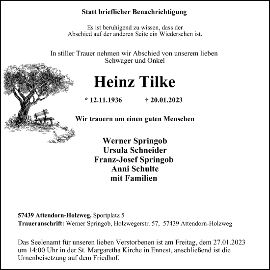 Traueranzeige von Heinz Tilke von Tageszeitung