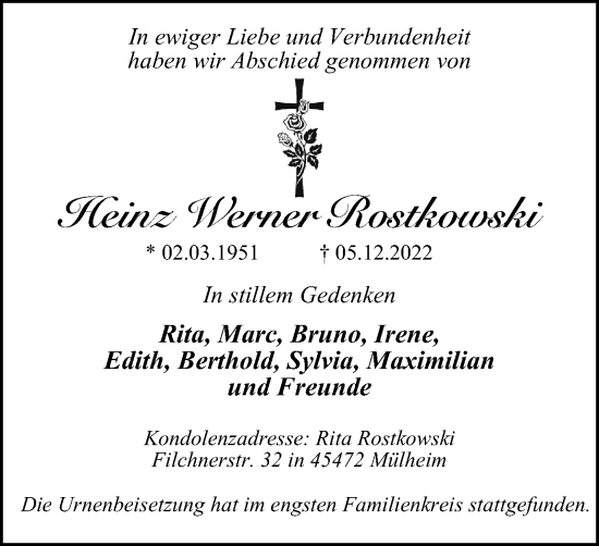 Traueranzeige von Heinz Werner Rostkowski von WVW Anzeigenblätter