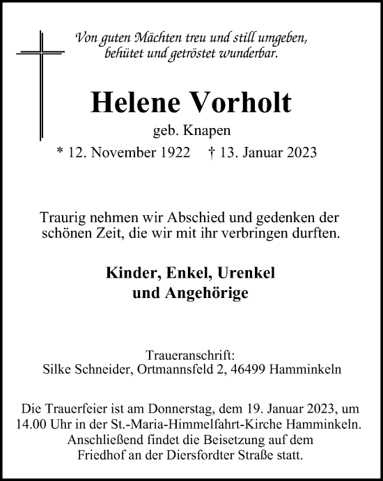 Traueranzeige von Helene Vorholt von Tageszeitung