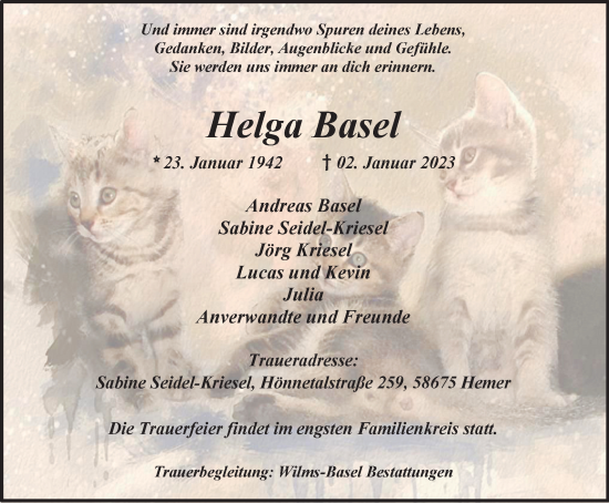 Traueranzeige von Helga Basel von WVW Anzeigenblätter