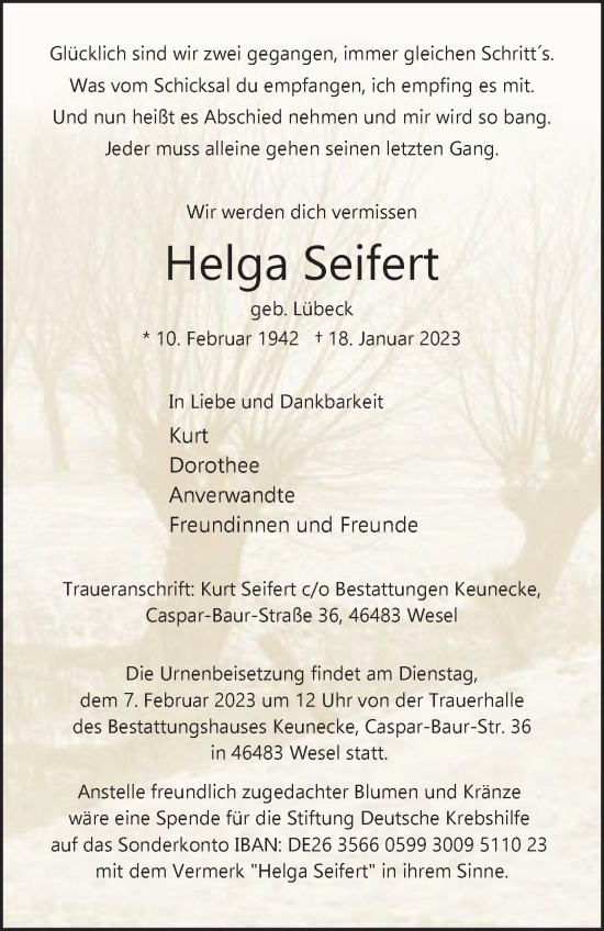 Traueranzeige von Helga Seifert von Tageszeitung