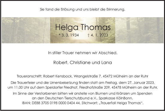 Traueranzeige von Helga Thomas von WVW Anzeigenblätter