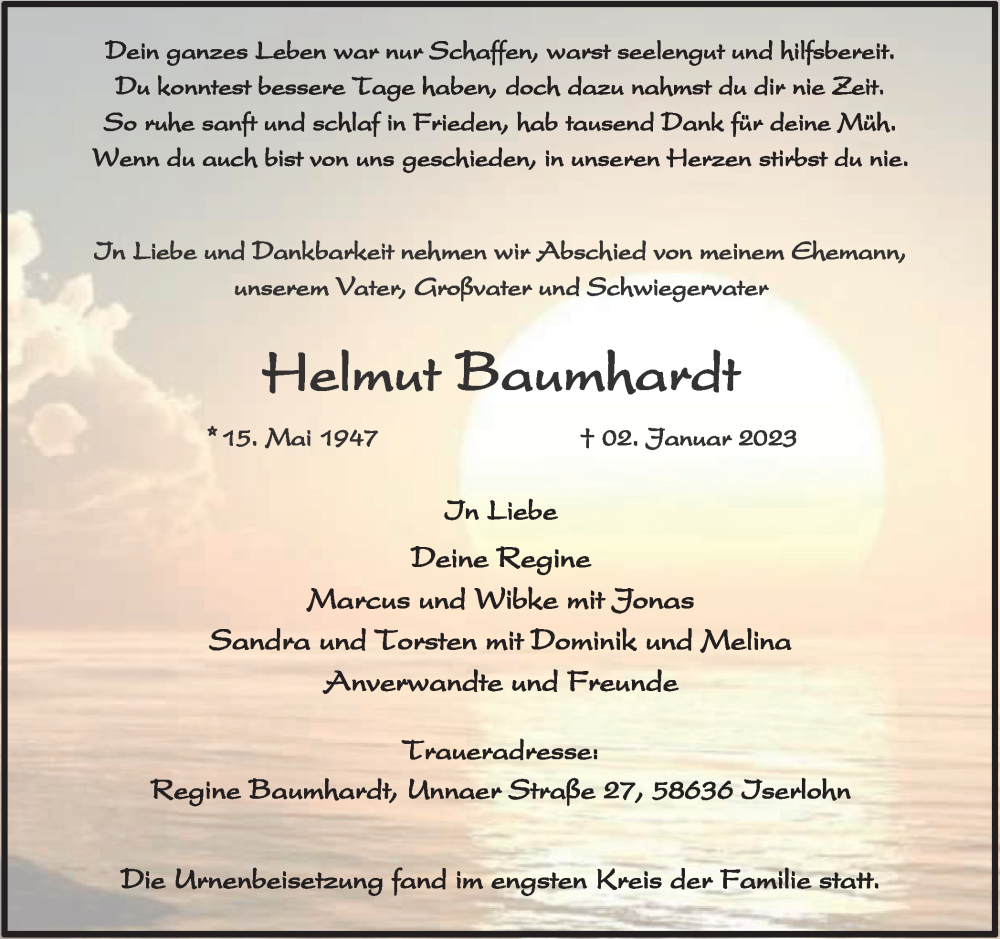  Traueranzeige für Helmut Baumhardt vom 24.01.2023 aus Tageszeitung