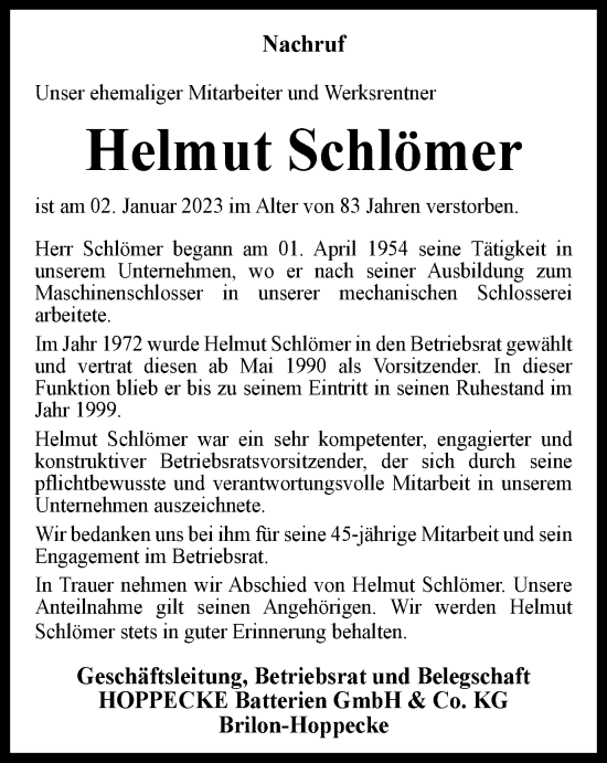 Traueranzeige von Helmut Schlömer von Tageszeitung