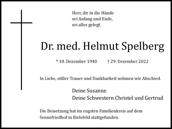 Traueranzeige von Helmut Spelberg von Tageszeitung