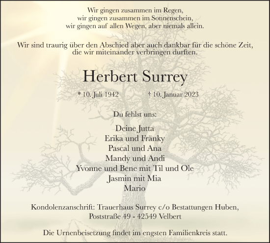 Traueranzeige von Herbert Surrey von WVW Anzeigenblätter