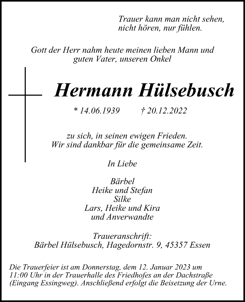  Traueranzeige für Hermann Hülsebusch vom 07.01.2023 aus Tageszeitung