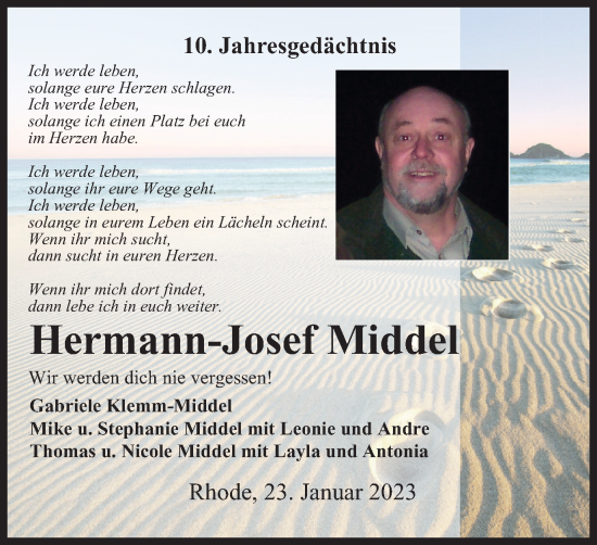 Traueranzeige von Hermann-Josef Middel von Tageszeitung