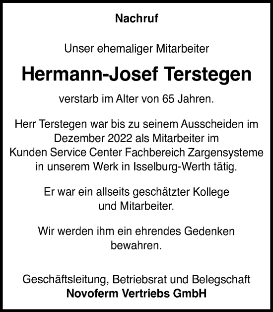 Traueranzeige von Hermann-Josef Terstegen von Tageszeitung